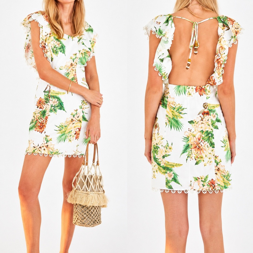 Farm Rio Tropical Denyse Floral Island Mini Dress White XS Linen Flutter Sleeve